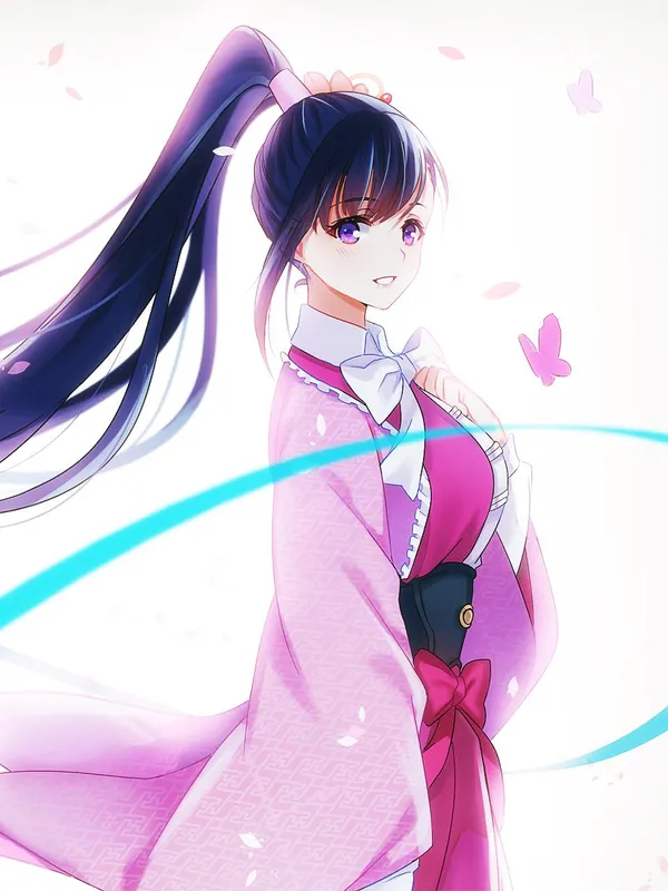 Black-haired girl in a pink kimono smiling