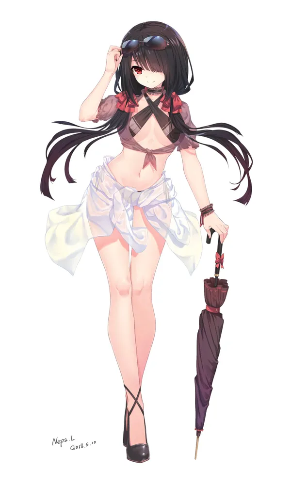 Black-haired girl in a red and white bikini holding an umbrella