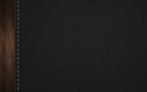Black leather book cover with white stitching and wooden spine