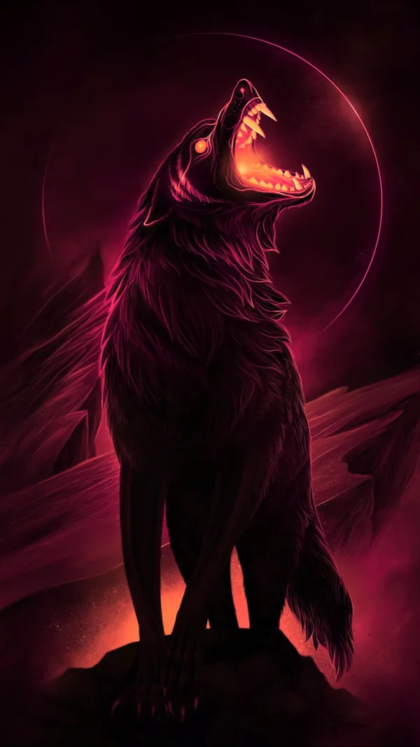 Black wolf is standing on a rock, in front of a red moon