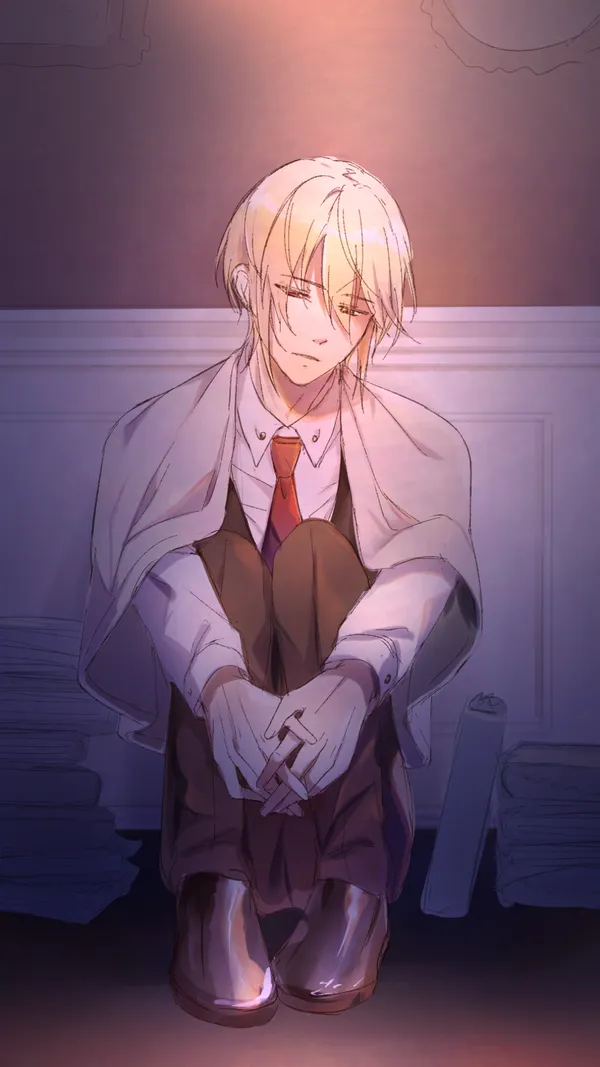 Blond man in a suit sits on the floor with his knees drawn up to