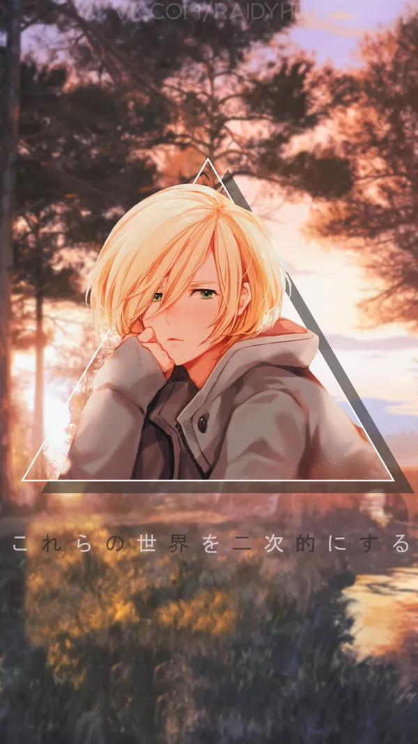 Blonde anime boy with his hand on his face in front of a sunset
