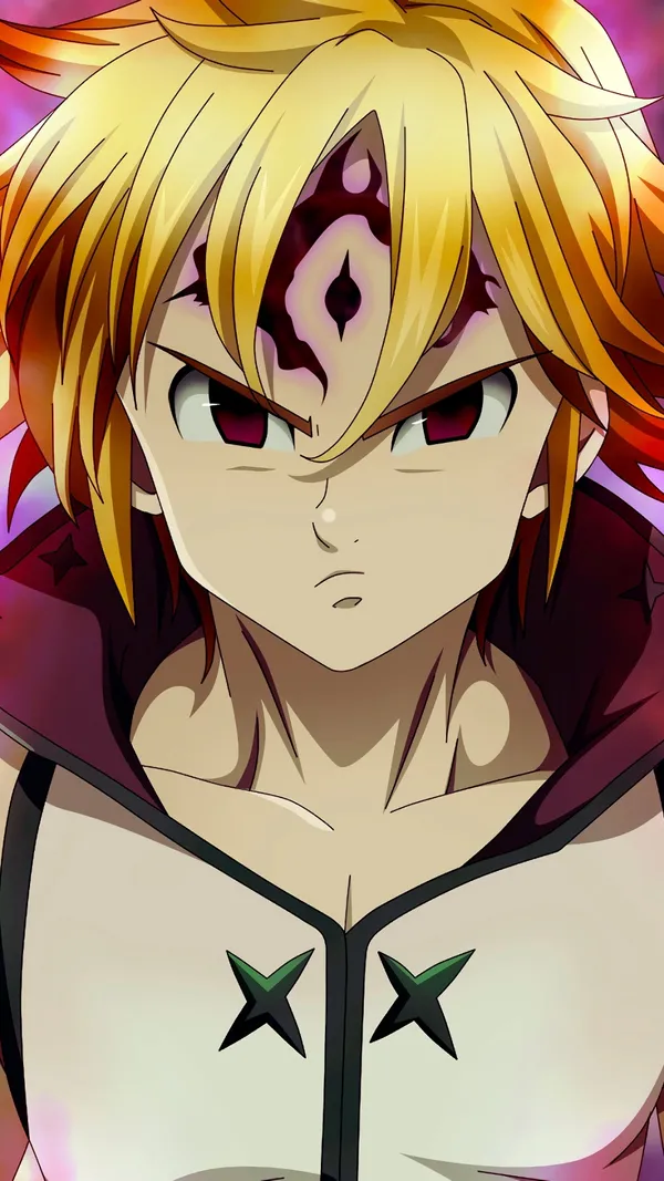 Blonde anime boy with red eyes and a red marking on his forehead