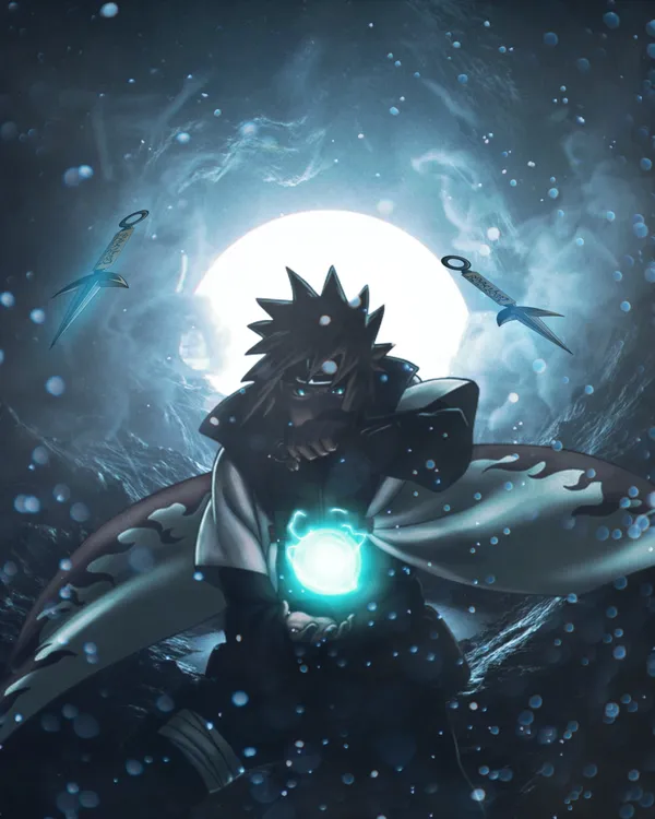 Blonde anime character is using a rasengan in the moonlight