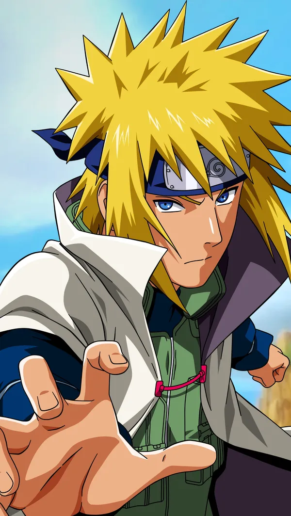 Blonde anime character with blue eyes is reaching out
