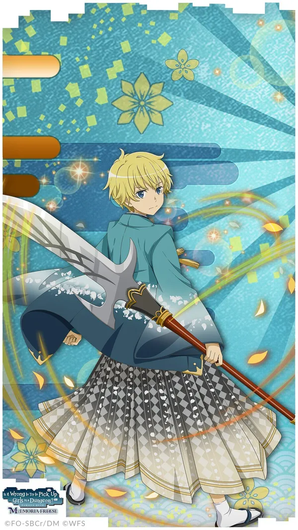 Blonde boy in a blue kimono is holding a large axe