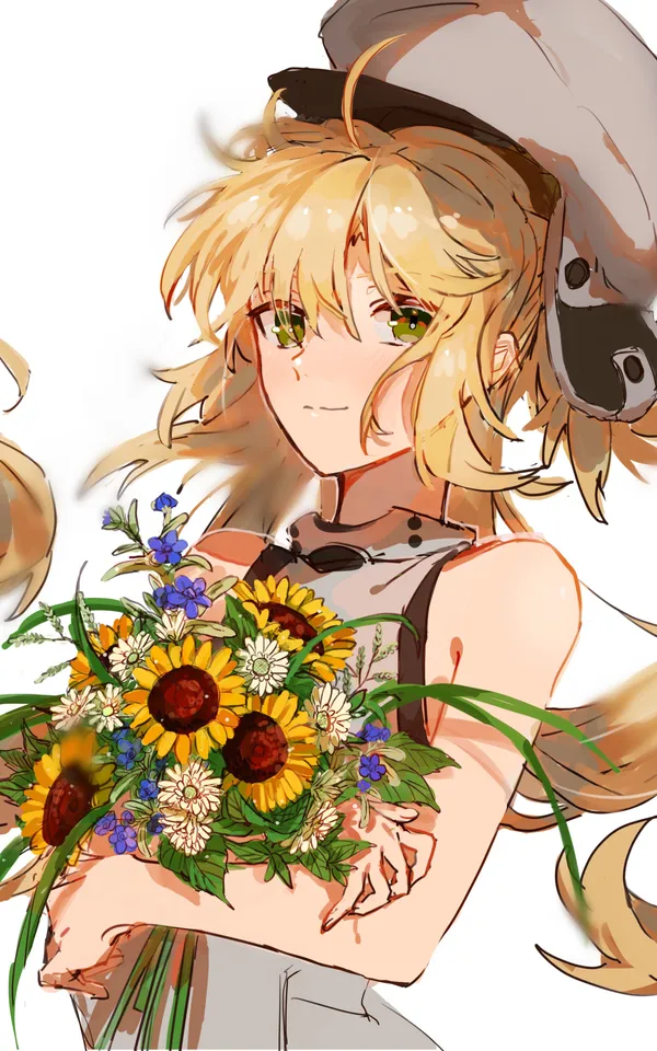 Blonde girl in a hat holding a bouquet of sunflowers