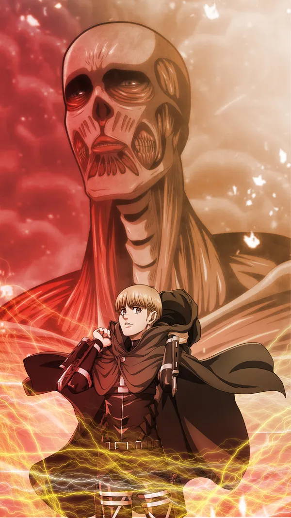 Blonde girl with a red scarf standing in front of a giant