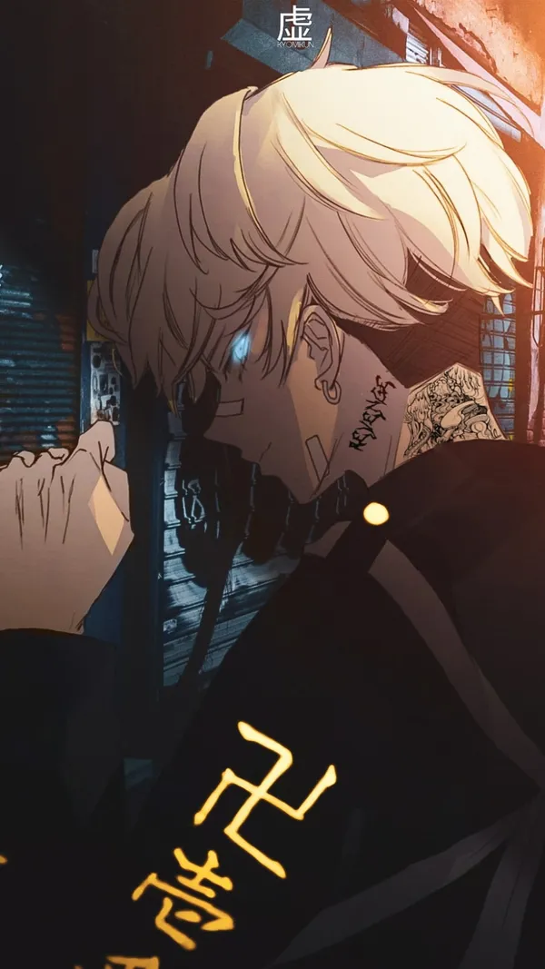 Blonde-haired anime character with blue eyes and a tattoo on his neck is shown in