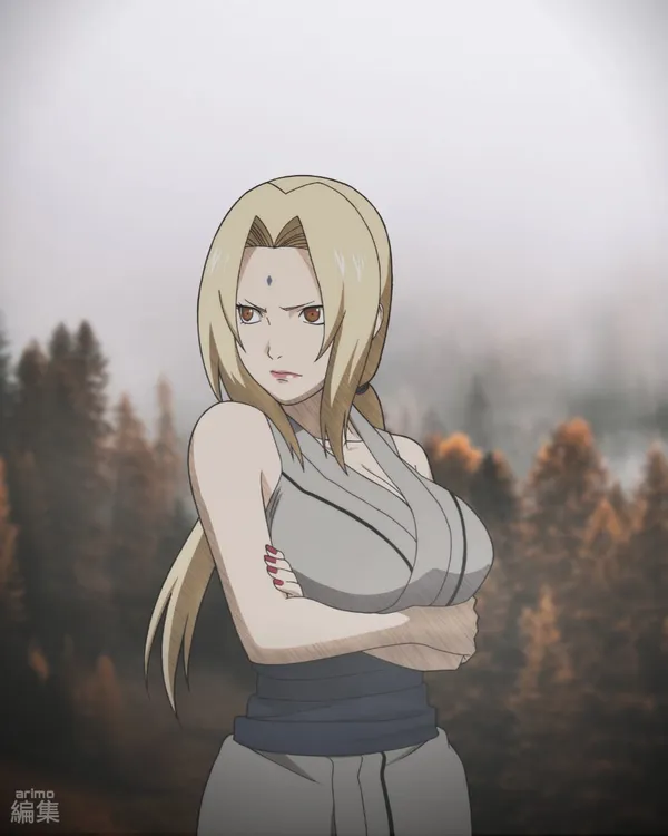 Blonde kunoichi with orange eyes and a purple marking on her forehead is standing in