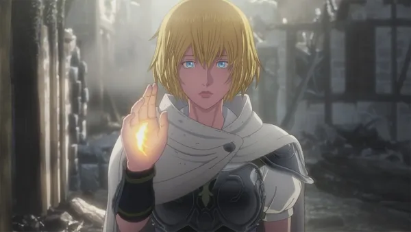 Blonde woman with blue eyes is holding a glowing yellow ball of light