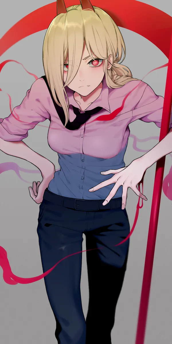 Blonde woman with red eyes and devil horns is surrounded by red smoke