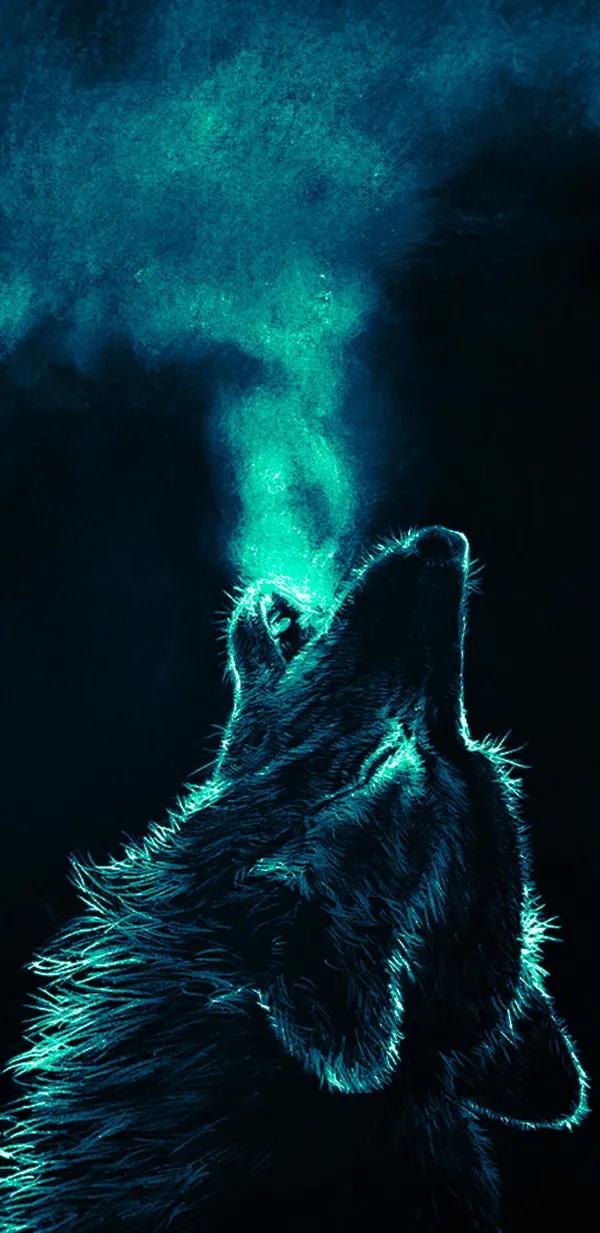 Blue and black sketch of a wolf howling at the moon