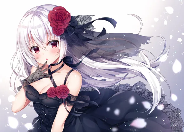 Blushing anime girl with white hair wearing a black gothic dress