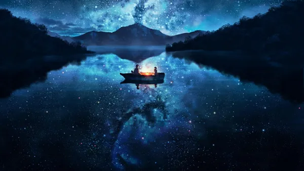 Boat on a lake under a starry night sky with mountains in the distance