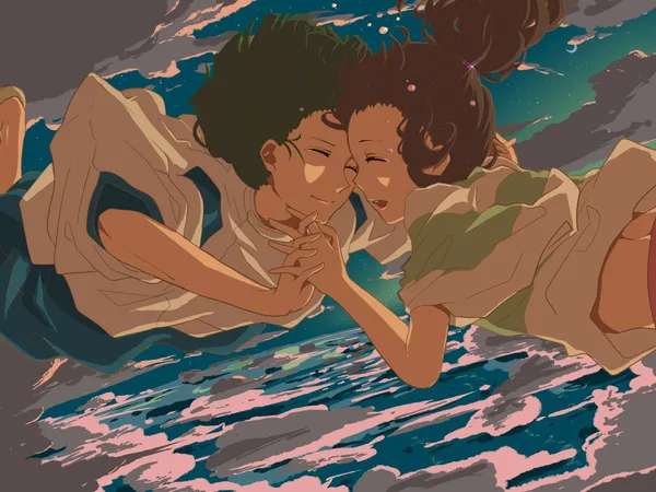 Boy and a girl are floating in the sky above a sea of clouds