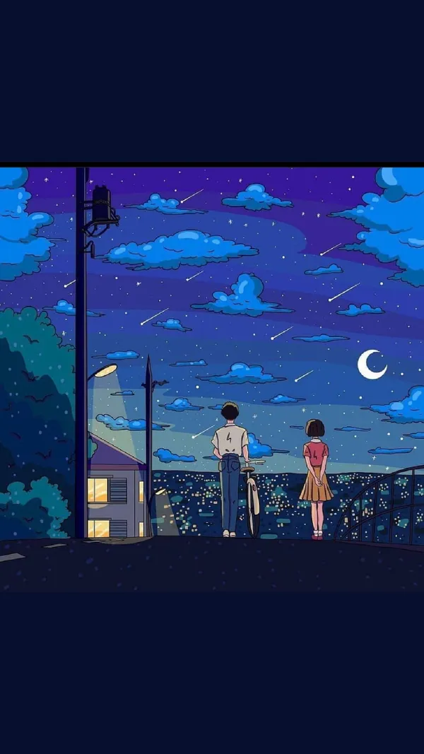 Boy and a girl are standing on a rooftop, looking at the night sky