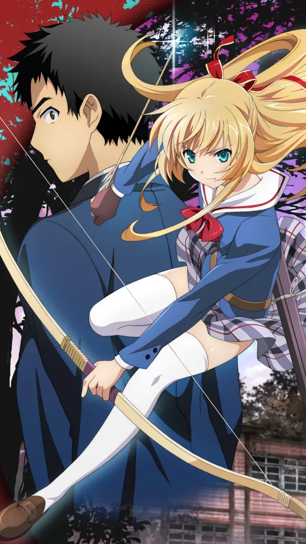 Boy and a girl in a school uniform are shooting arrows