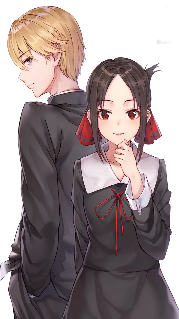 Boy and a girl in school uniform standing back to back