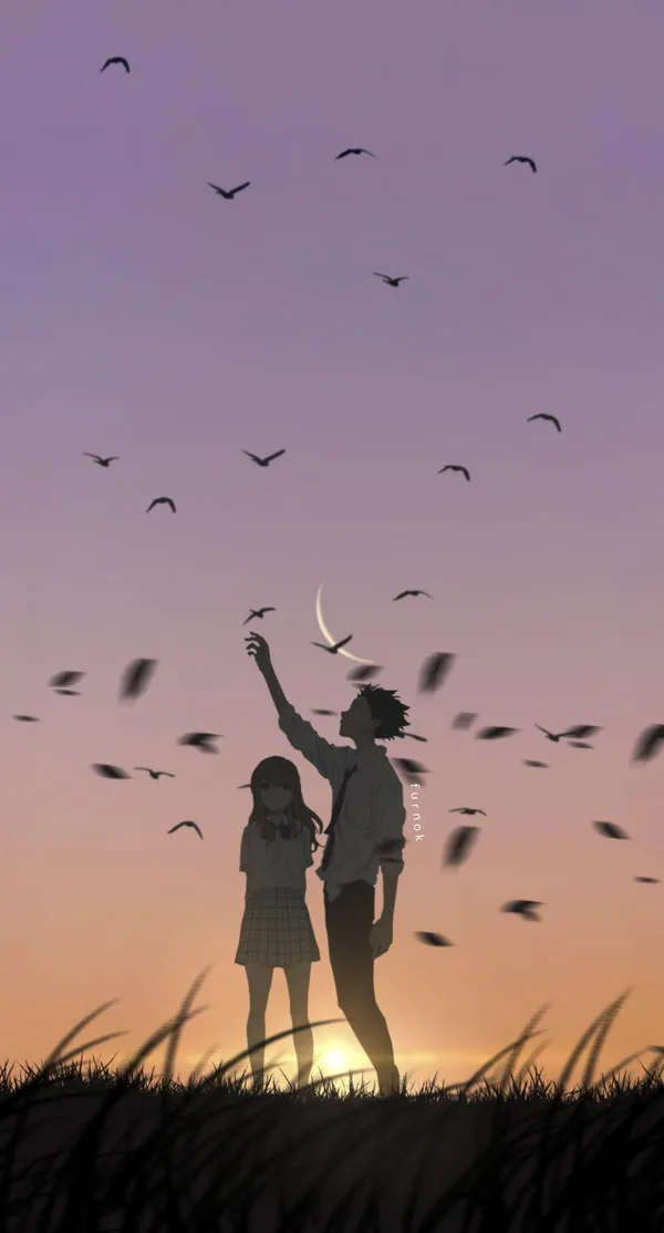 Boy and girl reaching for the moon at sunset while birds fly overhead
