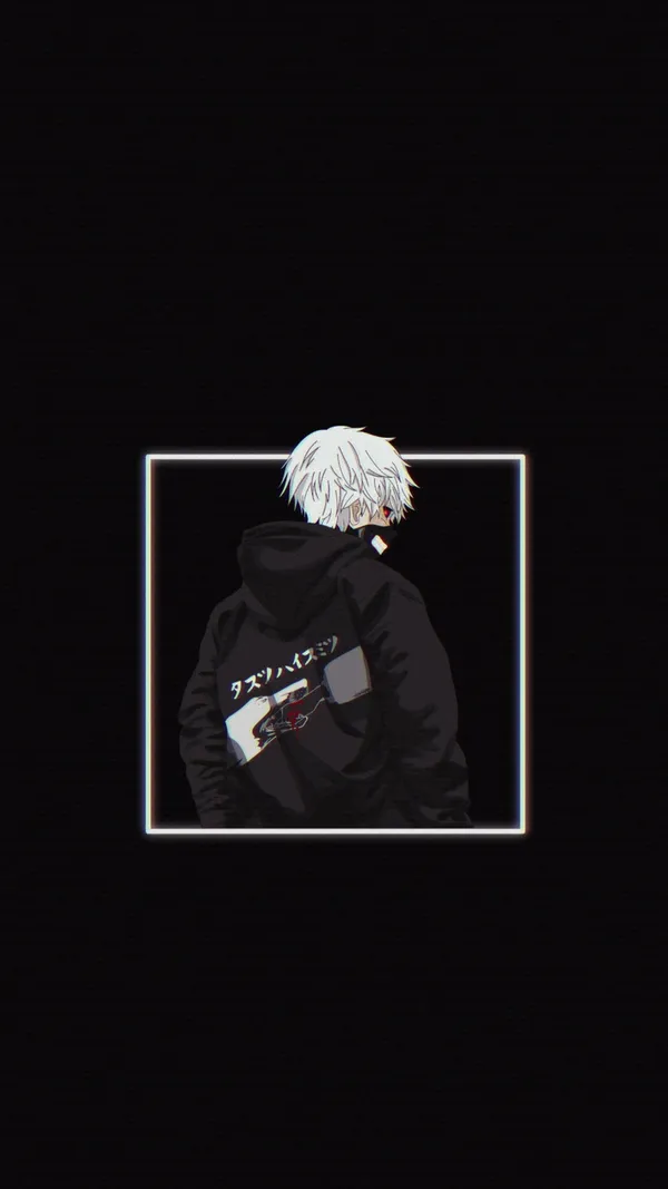 Boy in a black hoodie with white hair and red eyes