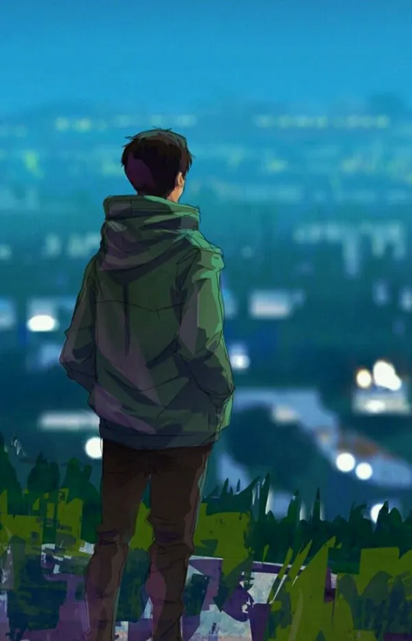 Boy in a green jacket looking at a city at night