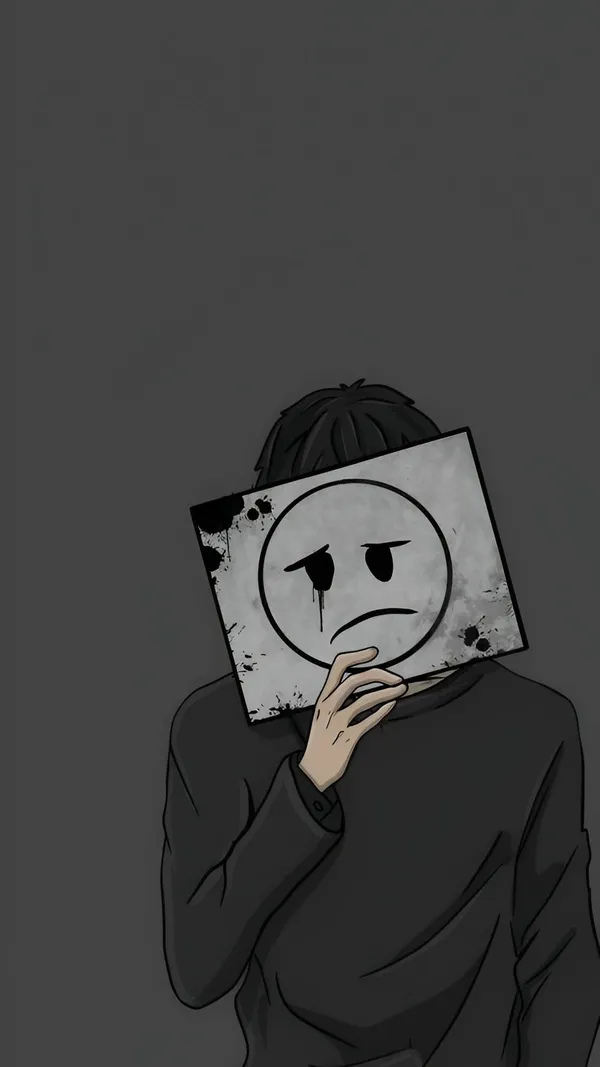 Boy is holding a sad face mask in front of his face
