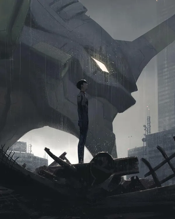Boy looking up at giant robot in ruined city