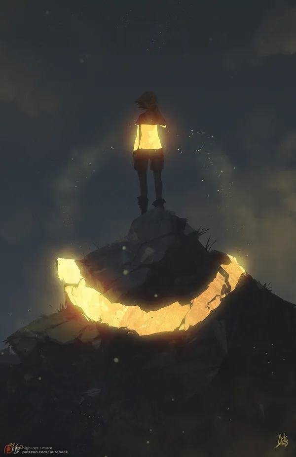 Boy standing on a cliff with a glowing yellow soul