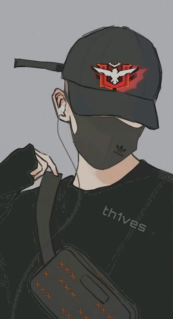 Boy wearing a cap, mask, and earphones with a bag on his shoulder