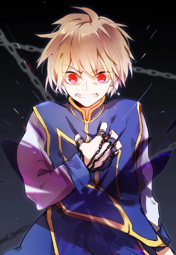 Boy with blond hair and red eyes surrounded by chains