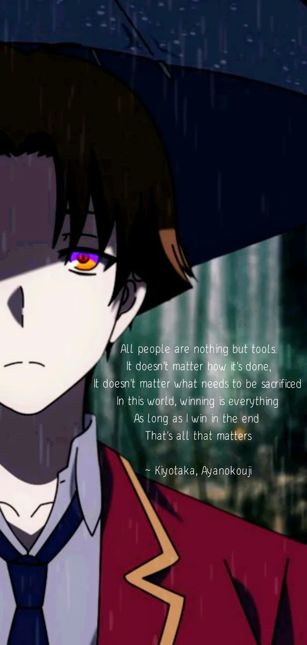 Boy with purple eyes and black hair says a quote about winning