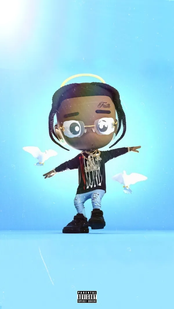Cartoon image of Pop Smoke with two white doves