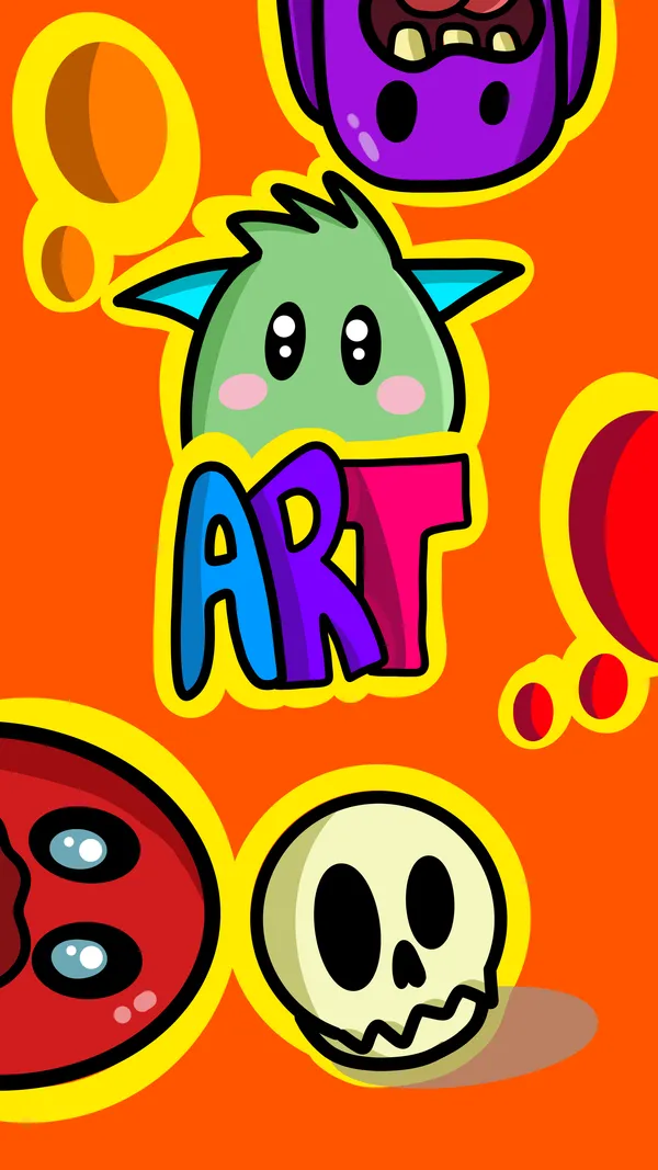 Cartoon monsters, skull, word art, colorful circles