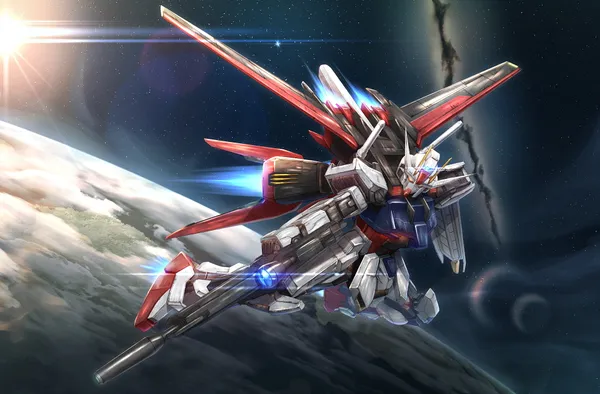 Cartoon robot is flying through space
