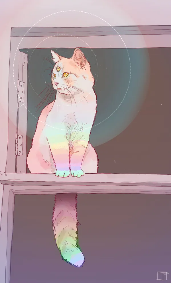 Cat with rainbow-colored fur and eyes is sitting on a window sill