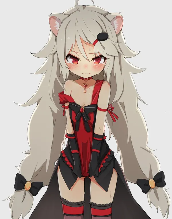 Catgirl wearing a red and black dress is blushing