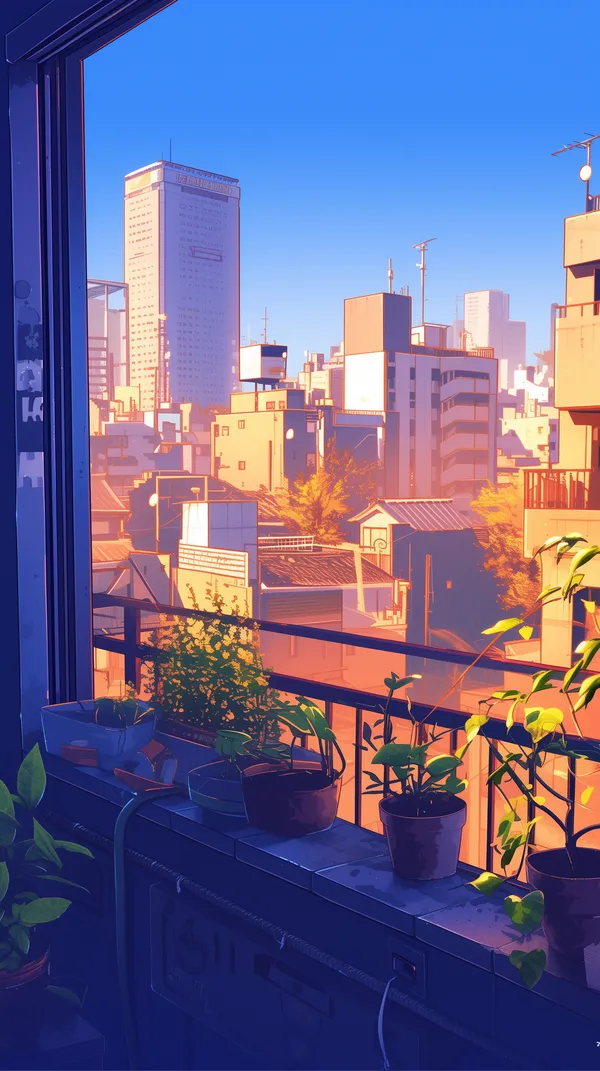 City skyline viewed from a balcony with potted plants