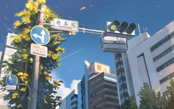 City street with a blue sky and a few clouds
