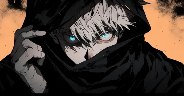 Close up of a man's face wearing a black mask with bright blue eyes