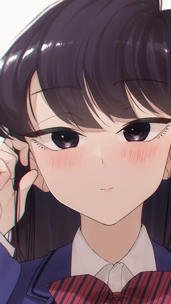 Close up of a shy anime girl with black hair