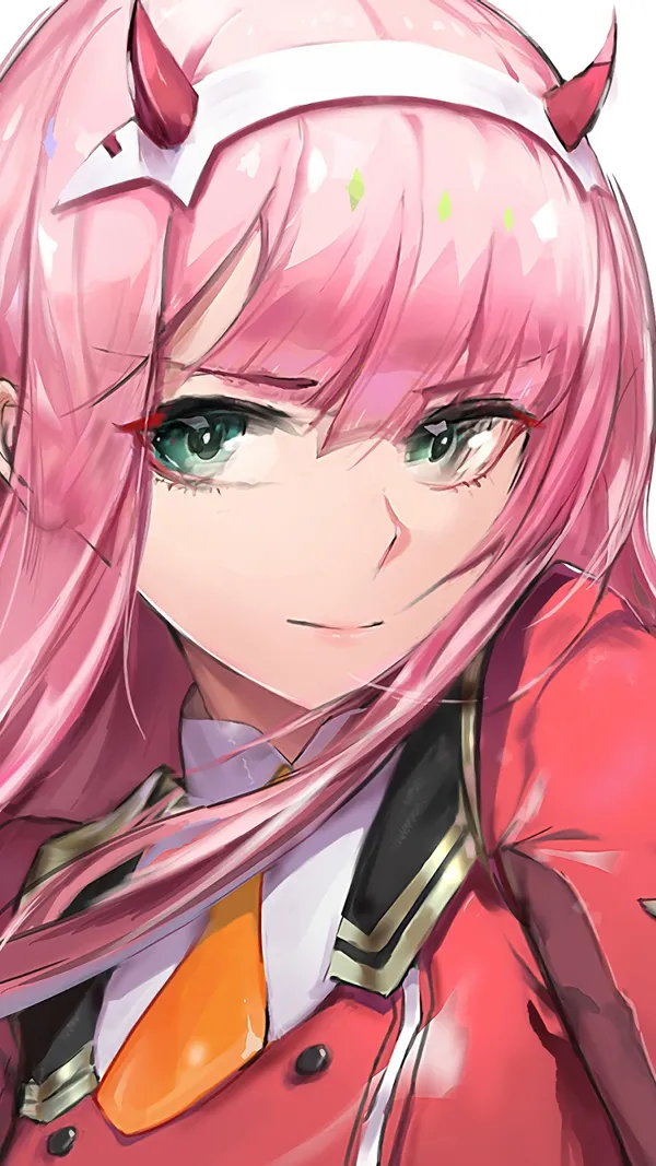 Close-up of a smiling anime girl with pink hair and green eyes