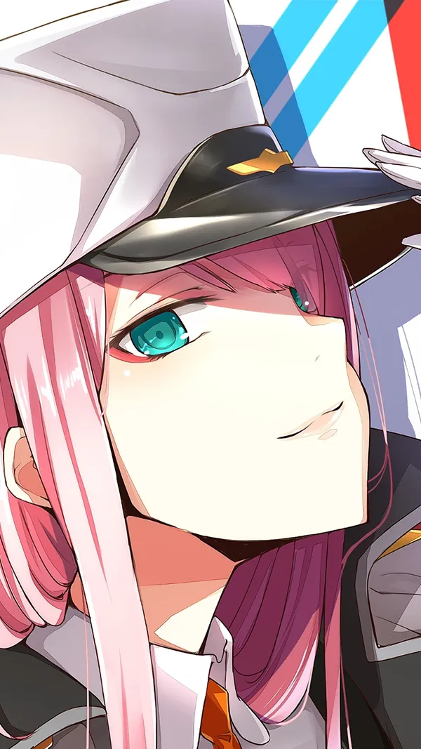 Close up of a smiling anime girl with pink hair and green eyes wearing a