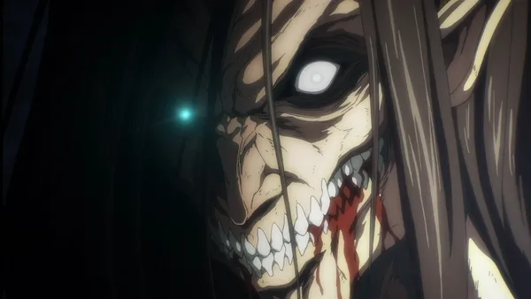 Close up of a titan's face from the anime series Attack on Titan
