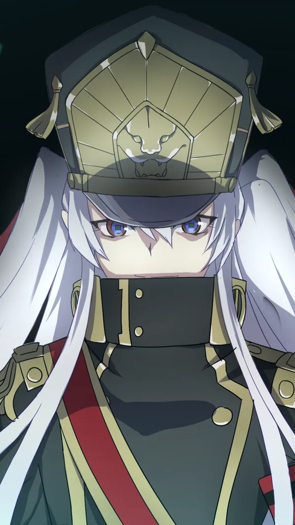 Close-up of a white-haired anime girl in a military uniform