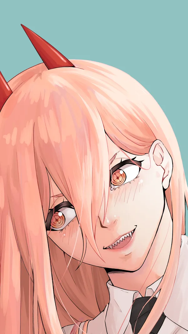Close up of a young girl with pink hair and red horns