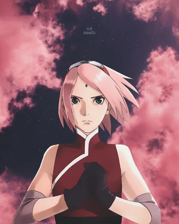 Close up of an anime character with pink hair and green eyes