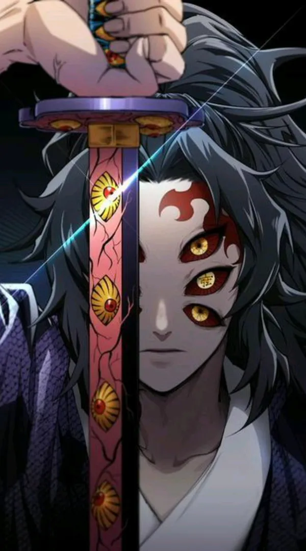 Close-up of an anime character with red and yellow eyes and a sword
