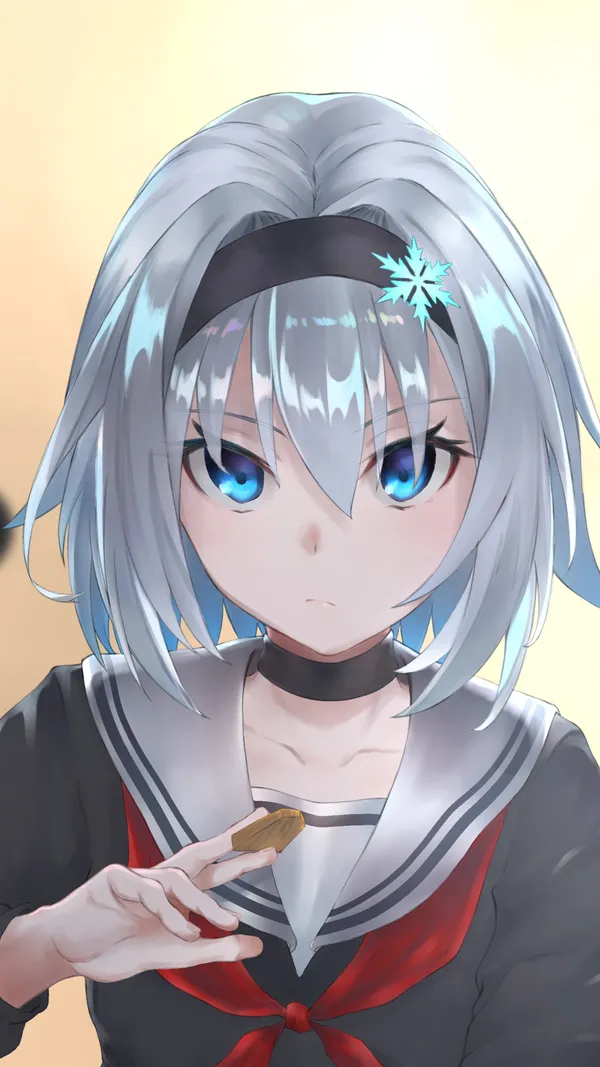 Close up of an anime girl with blue eyes and white hair