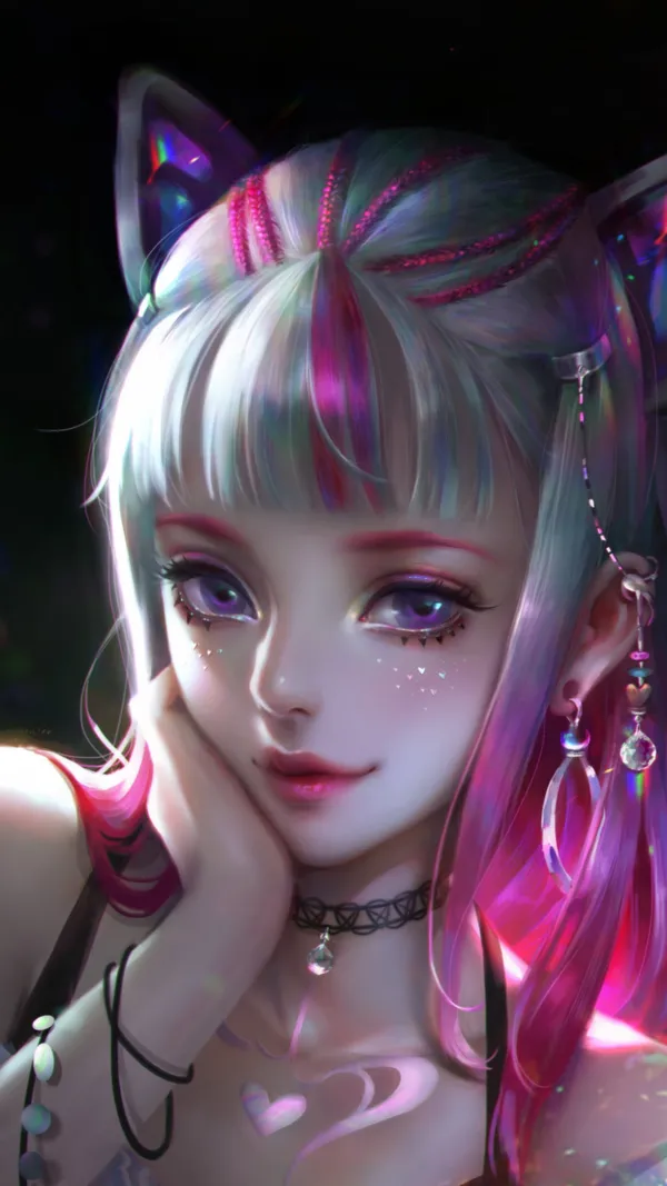 Close up of an anime girl with pink and white hair